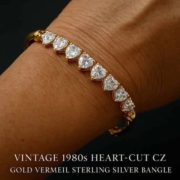 Jewelry - Vintage 1980s Gold Vermeil Sterling Silver Heart CZ Bangle Marked 925 Heirloom